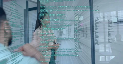Male developer gesturing code on glass and female coder underlining line with Stock Footage 314868612