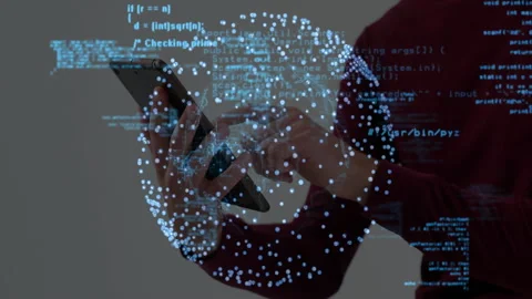 Male developer holding tablet while projecting holographic blue network with Stock Footage 309107014