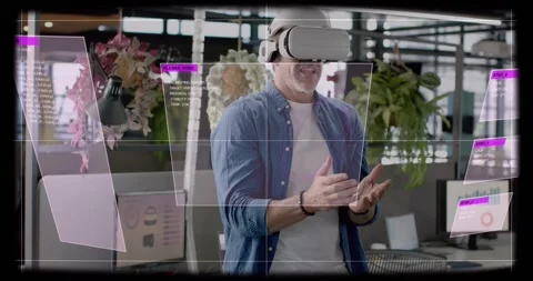 Male developer putting on white VR headset and activating floating UI panels, Stock Footage 334176104