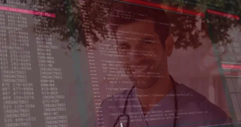 Male developer smiling at camera in tech studio, with animated JavaScript code Stock Footage 307564000