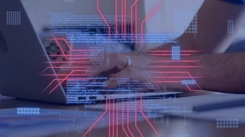 Male developer starting typing on laptop, sending circuit lines, code over hands Stock Footage 335235096
