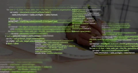 Male developer tapping stylus, drawing on tablet for coding while green code Stock Footage 331736196