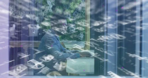 Male developer touching laptop keyboard and initiating coding in cafe while code Video stock 330407942