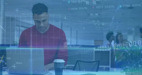 Male developer typing code at tech office, generating binary streams and Stock Footage 315531528