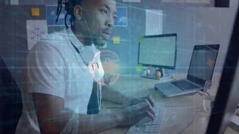 Male developer typing at desk in home office, with cybersecurity code overlay Stock Footage 308658509