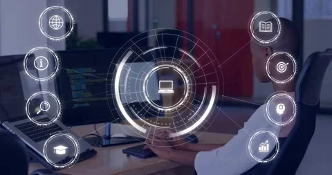 Male developer typing on keyboard, activating HUD showing code and rotating Stock Footage 331176296