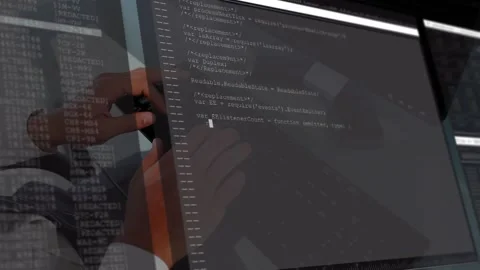 Male developer typing on keyboard at glass desk, causing app code filling Video stock 330443831