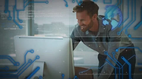 Male developer typing keys and activating animated circuit lines, globe code Stock Footage 333221358