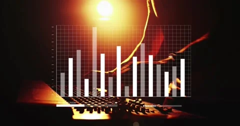 Male DJ reaching across console tweaking knobs and faders, animating HUD bar Stock-Footage 333962306