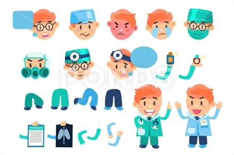 Male Doctor Animated Character Set, Various Face Emotions, Poses And Gestures