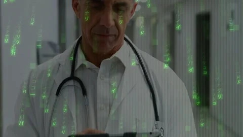 Male doctor tapping tablet, causing green overlay as checking medical data, Stock Footage 333965597
