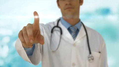Male doctor using digitally generated interface vector icons Stock Footage 73897075