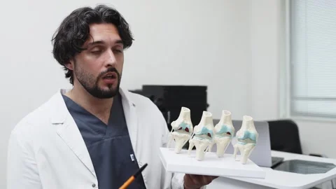 Male doctor in white coat explaining knee joint anatomy to patient using Stock Footage 339980202