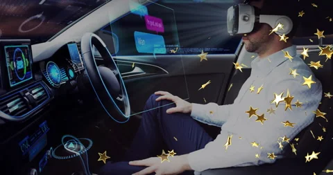Male driver donning VR headset, initiating holographic dashboard tapping Stock Footage 313294963
