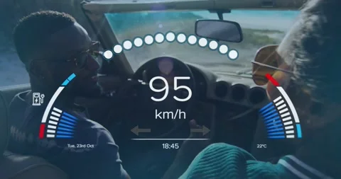 Male driver hitting gas, accelerating droptop for coastal drive, car HUD showing Stock Footage 330676029