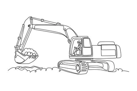 Male driver operating heavy crawler excavator machine digging and lifting dirt Stock Illustration