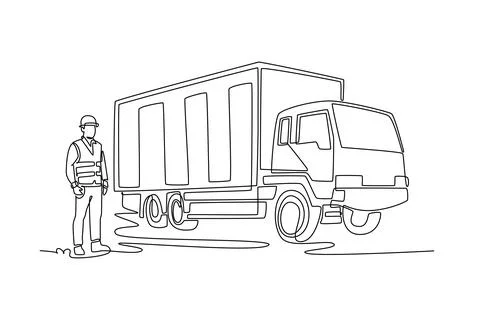 Male driver standing next to large cargo delivery truck Stock Illustration