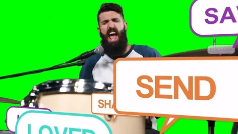 Male drummer singing drumming, checking cell causing music CTA bubbles covering Stock Footage 331736480