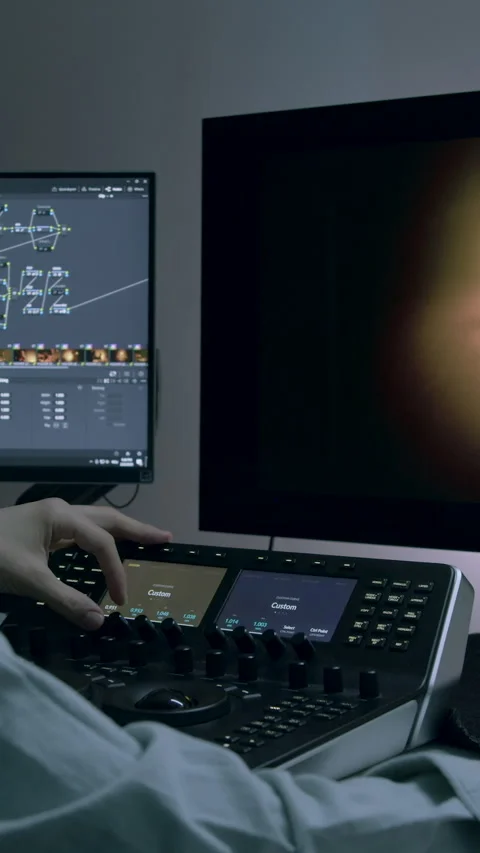 Male editor uses control panel for color grading, edits videos, performs color Stock Footage 313928085
