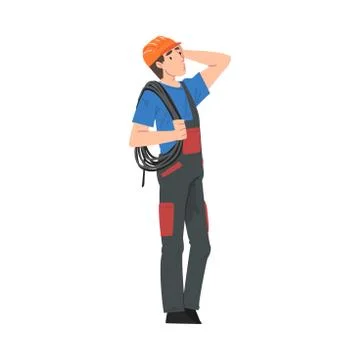 Male Electrician Engineer with Cable Thinking Before Repairing, Electricity Illustrazione stock
