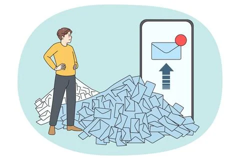 Male employee consider stack of unread work mails イラスト素材