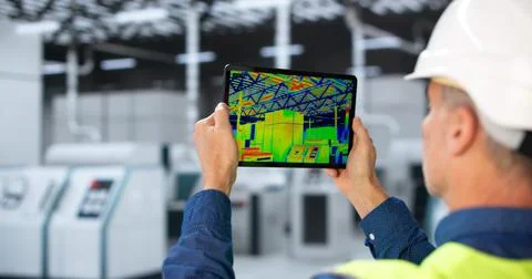 Male Engineer Analyzes Thermal Camera Image For Factory Equipment Insulation  Stock Photos