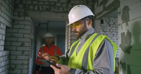 Male engineer browsing tablet and consulting colleague on construction site Stock Footage 142335936