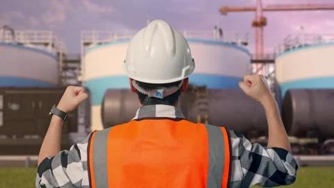 Male Engineer Celebrating While Working at Oil Refinery Stock Footage 340141861