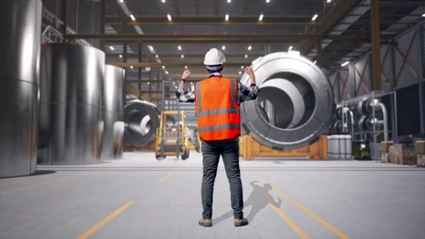 Male Engineer Celebrating While Working at Heavy Factory Stock Footage 340822074
