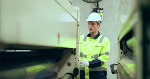 Male Engineer checking machine at factory. Stock Footage 249989009