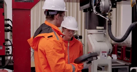 Male engineer demonstrates robotic teach pendant function to female trainee Video stock 314304920