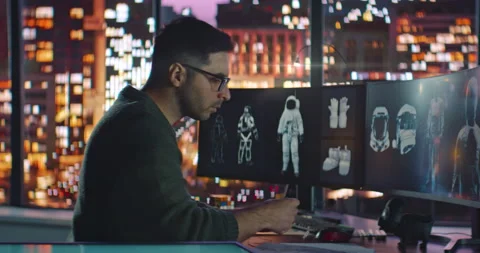 Male Engineer Developer of Space Suits and Space Gear Work in His Home Office Video stock 211072177