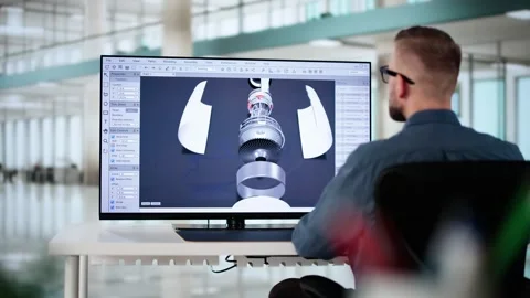 Male Engineer Developing Mechanical Parts Using 3D CAD Software On Laptop Stock Footage 294720436