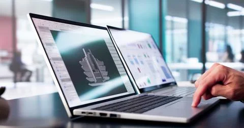 Male Engineer Developing Mechanical Parts Using 3D CAD Software On Laptop 写真素材