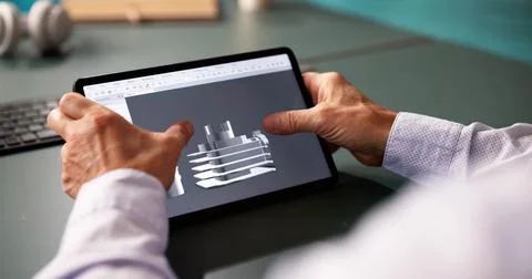 Male Engineer Developing Mechanical Parts Using 3D CAD Software On Laptop 스톡 사진