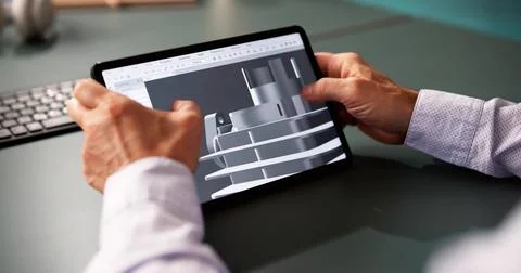 Male Engineer Developing Mechanical Parts Using 3D CAD Software On Laptop 스톡 사진