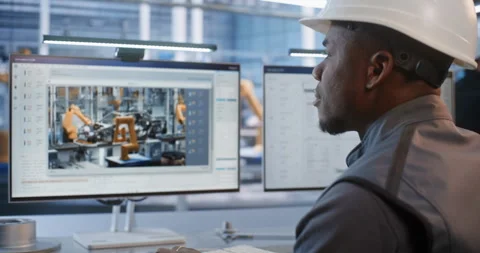 Male Engineer Evaluating Automotive Components on Dual Screen Setup Stock Footage 344389629