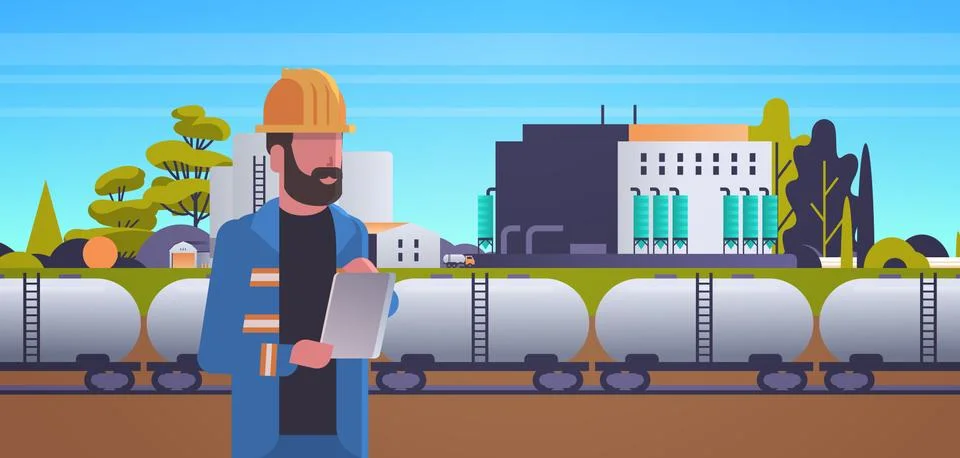 Male engineer in helmet using tablet controlling train tanks with oil and fuel Stock Illustration