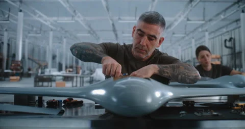 Male Engineer Installing Electronic Components Inside Unmanned Aircraft at Stock Footage 345059196