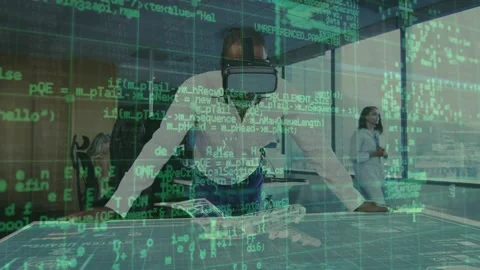 Male engineer leaning on touch table, tweaking 3D aircraft model in tech lab as Stock Footage 319682407