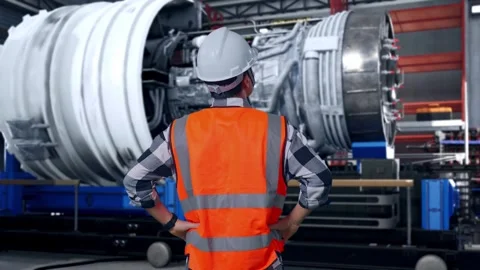 A Male Engineer Looking Around With Arms Akimbo With Jet Engine Stock Footage 306599695