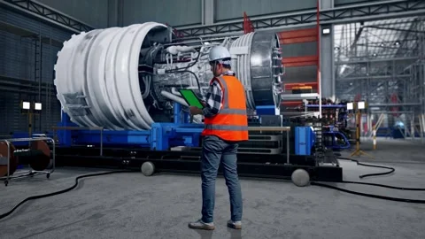 A Male Engineer Looking Around With Arms Akimbo With Jet Engine Stock Footage 306602959