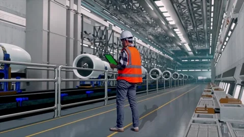 A Male Engineer Looking Around With Arms Akimbo, Aircraft Engine Factory Stock Footage 314591269