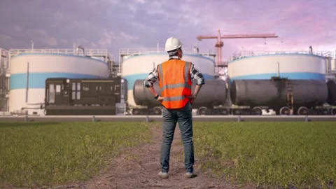 Male Engineer Looking Around With Arms Akimbo at Oil Refinery Stock Footage 340142800