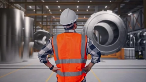 Male Engineer Looking Around With Arms Akimbo at Heavy Factory Stock Footage 340818163