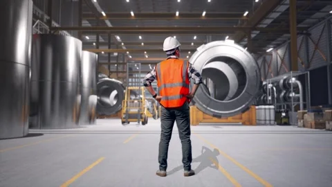 Male Engineer Looking Around With Arms Akimbo at Heavy Factory Stock Footage 340822025