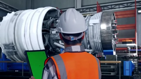 A Male Engineer Looking Around While Arms Akimbo With Jet Engine Stock Footage 306601397