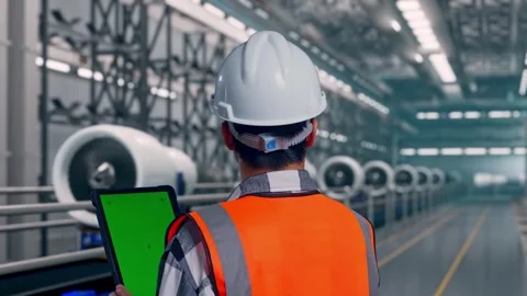 A Male Engineer Looking Around While Arms Akimbo, Aircraft Engine Factory Stock Footage 314590900