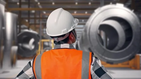 Male Engineer Looking Around While Arms Akimbo at Heavy Factory Stock Footage 340820901