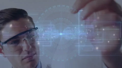 Male engineer manipulating technology lab display, with holographic data nodes Stock Footage 308677949